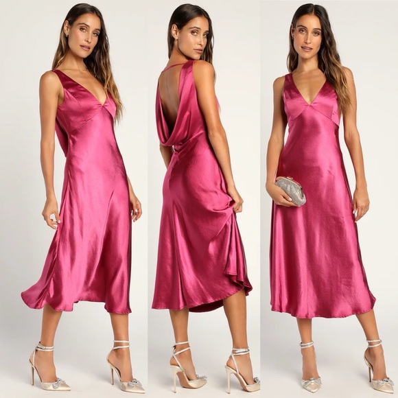 Lulus Dresses & Skirts - Lulus Incredible Love Magenta Satin Cowl Back Midi Slip Dress